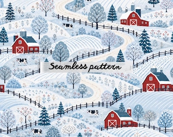 Nahtloses Winterlandschaftsmuster (JPG), verschneite Scheune im ländlichen Stil, skandinavischer Winterstoffdruck im Volkskunststil, gemütliche ländliche Weihnachtsstimmung