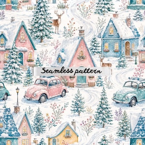 Op de afbeelding: Naadloos aquarelpatroon met een winterse dorpsscène met besneeuwde huizen, auto's en herten. De huizen zijn in pastelkleuren en de tekst "Seamless pattern" is weergegeven.