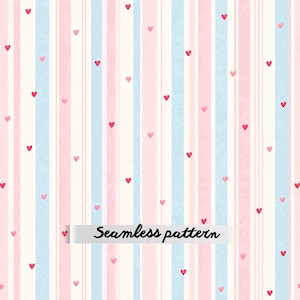 May include: A seamless pattern featuring vertical stripes in alternating shades of light pink, pale blue, and cream. Small, scattered red hearts are distributed across the striped background. The text "Seamless pattern" is printed in black.