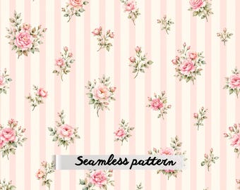 Shabby Chic Pink Rose Stripe Seamless Pattern, Vintage Cottagecore Floral Stripes, Romantic Watercolor Roses Fabric Print, Elegant Digital