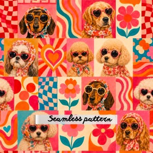 Retro Groovy Pets Seamless Pattern JPG, Hippie Dog & Cat Repeat, Colorful 70s Flower Power Fabric Design
