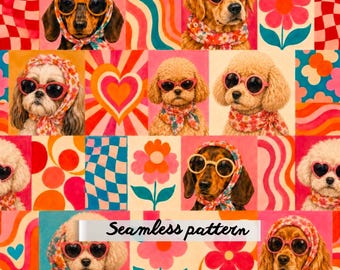 Retro Groovy Pets Seamless Pattern JPG, Hippie Dog & Cat Repeat, Colorful 70s Flower Power Fabric Design