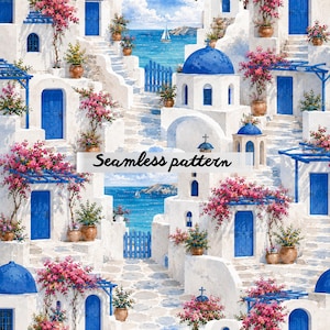 Op de afbeelding: Naadloos patroon met een aquarel illustratie van een Grieks dorp met witte gebouwen, blauwe deuren en koepels. Roze bloemen en potplanten voegen kleur toe. De tekst "Seamless pattern" staat over de afbeelding.