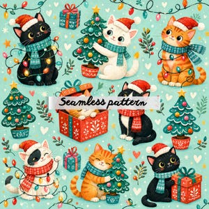 Può includere: Un motivo senza cuciture con gatti dei cartoni animati con cappelli e sciarpe di Babbo Natale, circondati da alberi di Natale, regali e luci di Natale. I gatti sono in varie pose su uno sfondo azzurro.