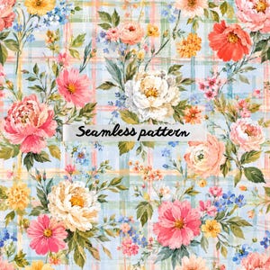 Pode incluir: Um padrão sem costuras com um fundo xadrez azul claro sobreposto com cachos de flores cor-de-rosa, brancas, amarelas e cor de laranja e folhas verdes. O texto "Seamless pattern" está impresso a preto no centro da imagem.