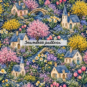 Pode incluir: Padrão sem costura com uma cena de jardim pitoresca com casas, pontes de pedra e flores vibrantes em tons de rosa, amarelo e roxo. O fundo é azul marinho escuro. O texto "Seamless pattern" está presente.