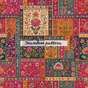 May include: A vibrant seamless pattern featuring a patchwork design with floral and paisley motifs. The pattern incorporates a rich color palette of pink, orange, teal, and cream. The text "Seamless pattern" is displayed across the image.