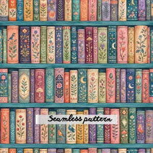 Könnte beinhalten: Ein nahtloses Muster mit Bücherreihen in Regalen. Die Buchrücken sind mit verschiedenen botanischen Illustrationen, Pilzen, Vögeln und Himmelsmotiven in einer breiten Farbpalette verziert, darunter Blau, Rosa, Grün und Gelb.