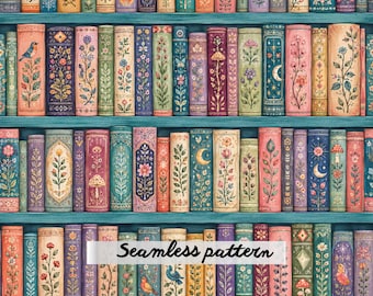 Seamless Floral Bookshelf Pattern, Vintage Shabby Chic Roses & Books Digital Paper, Pastel Library Print, Romantic Cottagecore Fabric Design