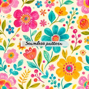 Pode incluir: Um vibrante padrão floral sem costura com flores rosa, azuis e amarelas, folhas e caules verdes. O texto "Seamless pattern" é exibido em um fundo creme. O design é em estilo aquarela.