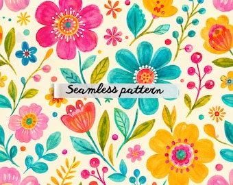 Watercolor Floral Cottage Seamless Pattern JPG, DigitalPaper, Cottagecore Floral Pattern Repeat