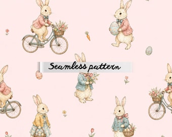 Vintage Easter Bunny Seamless Pattern, Whimsical Rabbit Bicycle Repeat, Pastel Spring Cottagecore Fabric Design, Storybook Nursery Print JPG