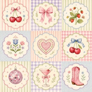 May include: A grid of nine scalloped circular labels featuring illustrations of cherries, a pink bow, strawberries, a blue flower, a heart, a blue-checkered bow with cherries, a disco ball, a martini glass, and a pink cowboy boot on striped backgrounds.