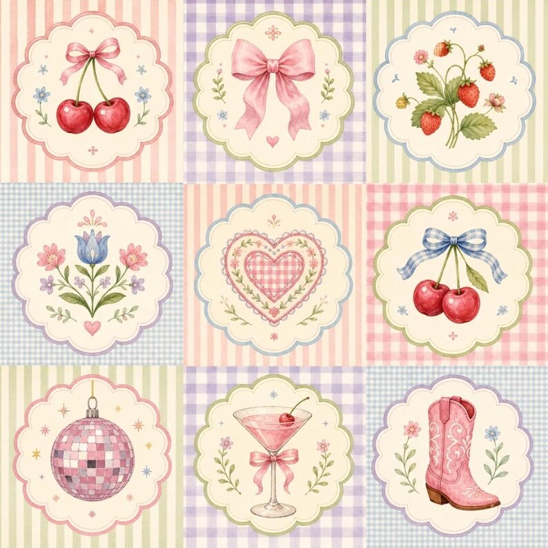 May include: A grid of nine scalloped circular labels featuring illustrations of cherries, a pink bow, strawberries, a blue flower, a heart, a blue-checkered bow with cherries, a disco ball, a martini glass, and a pink cowboy boot on striped backgrounds.