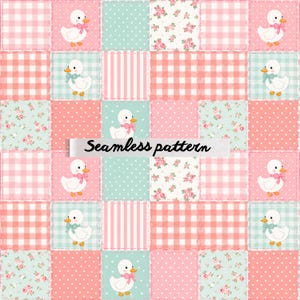 May include: A seamless pattern featuring a patchwork design with squares in pink, mint green, and white. The squares include gingham, polka dots, floral prints, and ducks with bows. The text "Seamless pattern" is across the center.