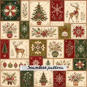 Motif patchwork de Noël vintage sans couture | Blocs de courtepointe de Noël d'art populaire | Papier numérique rustique de Noël (JPG)