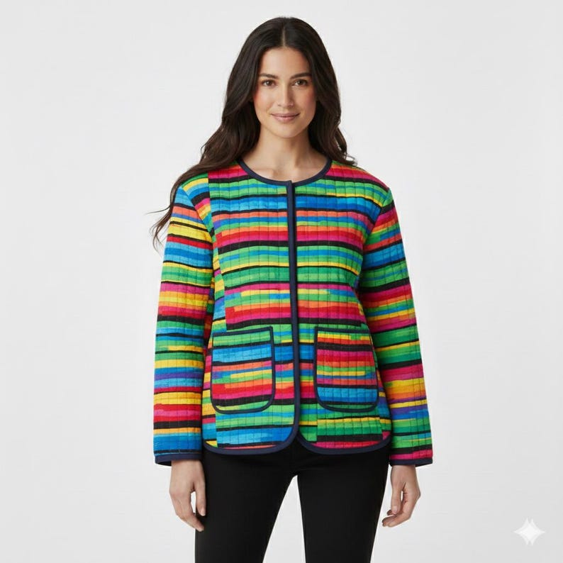 Pu&ograve; includere: Giacca trapuntata con strisce orizzontali multicolore. Presenta scollatura rotonda, maniche lunghe e due tasche anteriori. Le finiture e la cerniera sono blu navy.