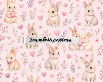 Nahtloses Baby-Häschen-Valentinstagsmuster (JPG) – Niedliche Aquarell-Häschen, rosa Herzen, Blumenzweige & verspieltes Kinderzimmer