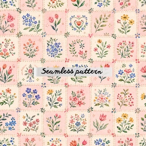 May include: A seamless pattern featuring a grid of floral illustrations. Each square contains a unique watercolor design of flowers and foliage in shades of pink, blue, yellow, and green. The text "Seamless pattern" is displayed across the center.