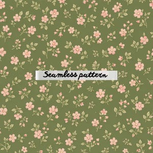Pode incluir: Um padrão contínuo com pequenas flores rosa-claras e folhas verdes espalhadas sobre um fundo verde-oliva sólido. Uma faixa branca horizontal no centro exibe o texto preto Seamless pattern.