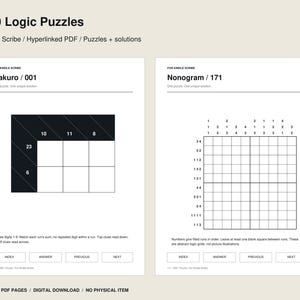 Peut inclure: Un document numérique intitulé 500 Logic Puzzles pour Kindle Scribe présentant deux pages. La page de gauche montre un puzzle Kakuro avec des cellules noires et des chiffres. La page de droite affiche une grille de Nonogramme avec des indices numériques.