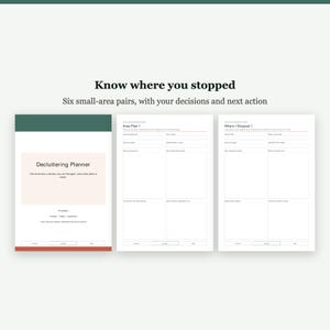 May include: A digital decluttering planner featuring a cover page with the text Decluttering Planner and two internal pages titled Area Plan 1 and Where I Stopped 1, designed with sections for tracking decisions and next actions.