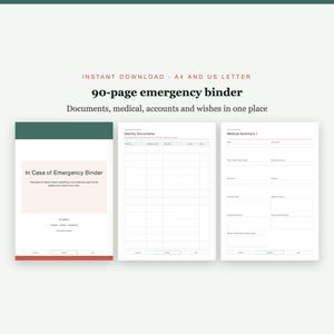 Peut inclure: Un modèle de classeur d'urgence de 90 pages comprenant une page de couverture intitulée In Case of Emergency Binder, une grille Identity Documents et un formulaire Medical Summary 1. Les documents sont blancs avec des accents vert foncé et terre cuite.