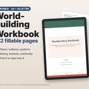 Puede incluir: Un libro de trabajo de construcción de mundos digital mostrado en una pantalla de tableta y como páginas impresas. El texto dice World-building Workbook, 132 fillable pages, Places, cultures, systems, History, factions, continuity, Print it or type into it y Place Profile 1.