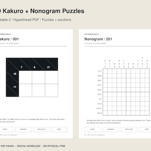 Könnte beinhalten: Ein digitales Dokument mit dem Titel 500 Kakuro + Nonogram Puzzles für reMarkable 2. Es zeigt zwei Seiten: eine mit einem Kakuro-Rätselgitter mit numerischen Hinweisen und eine mit einem Nonogramm-Gitter mit numerischen Hinweisen. Navigationsschaltflächen sind enthalten.