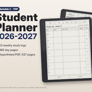reMarkable 2 Student Planner 2026-2027 | Weekly Study Log, Cornell Notes, Day Pages, Assignment Tracker | Hyperlinked PDF