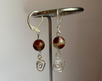 925 Sterling Silver Earrings with Agate & Wire Spiral | Natural Stone Spiral Dangle Earrings Handmade