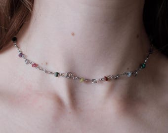 Delicate stainless steel spiral necklace with natural stone beads, hand-shaped wire choker, artisan jewelry, waterproof