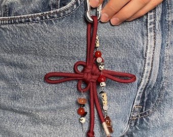 Boho Keychain Bordeaux Red with Natural Stone | Paracord Knot Keychain | Crystal Charm | Handmade Bag Charm | Y2K Bohemian Accessory