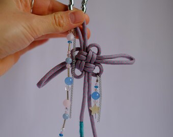 Handmade Chinese lucky knot pendant, pink and blue, paracord bag charm, unique piece