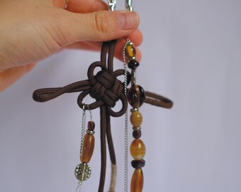 Paracord Bag Charm brown beige, Handmade Chinese lucky knot pendant, unique piece