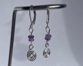 Silver spiral earrings with jade beads, jasper, 925 sterling silver clasp | Natural stone, minimalist, dangle earrings, fairycore, Y2K