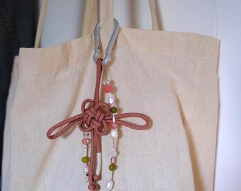 Handmade Chinese lucky knot pendant, pink and green, paracord bag charm, unique piece