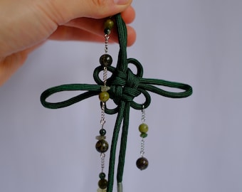 Handmade Chinese lucky knot pendant, dark green, paracord bag charm, unique piece