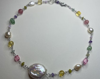 Baroque pearl necklace with quartz beads, citrine beads, and small jade and shell beads | whimsical, Summer, Spring, Birthday, Gift