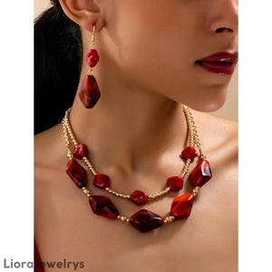 Boho Roter Stein Kette und Ohrringe Set Gold Layer Schmuck
