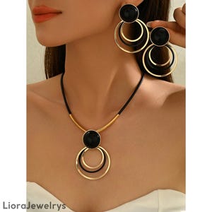 Set Joyería Geométrico Círculo Negro Oro Collar Colgante Statement Pendientes