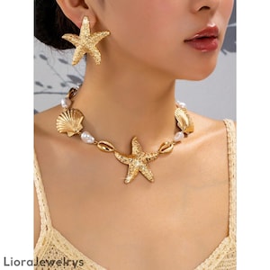 Gold Starfish Shell Necklace Set Beach Pearl Statement Jewelry
