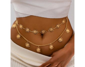 Cadena Cintura Sol Dorado Joyería Corporal Multicapa