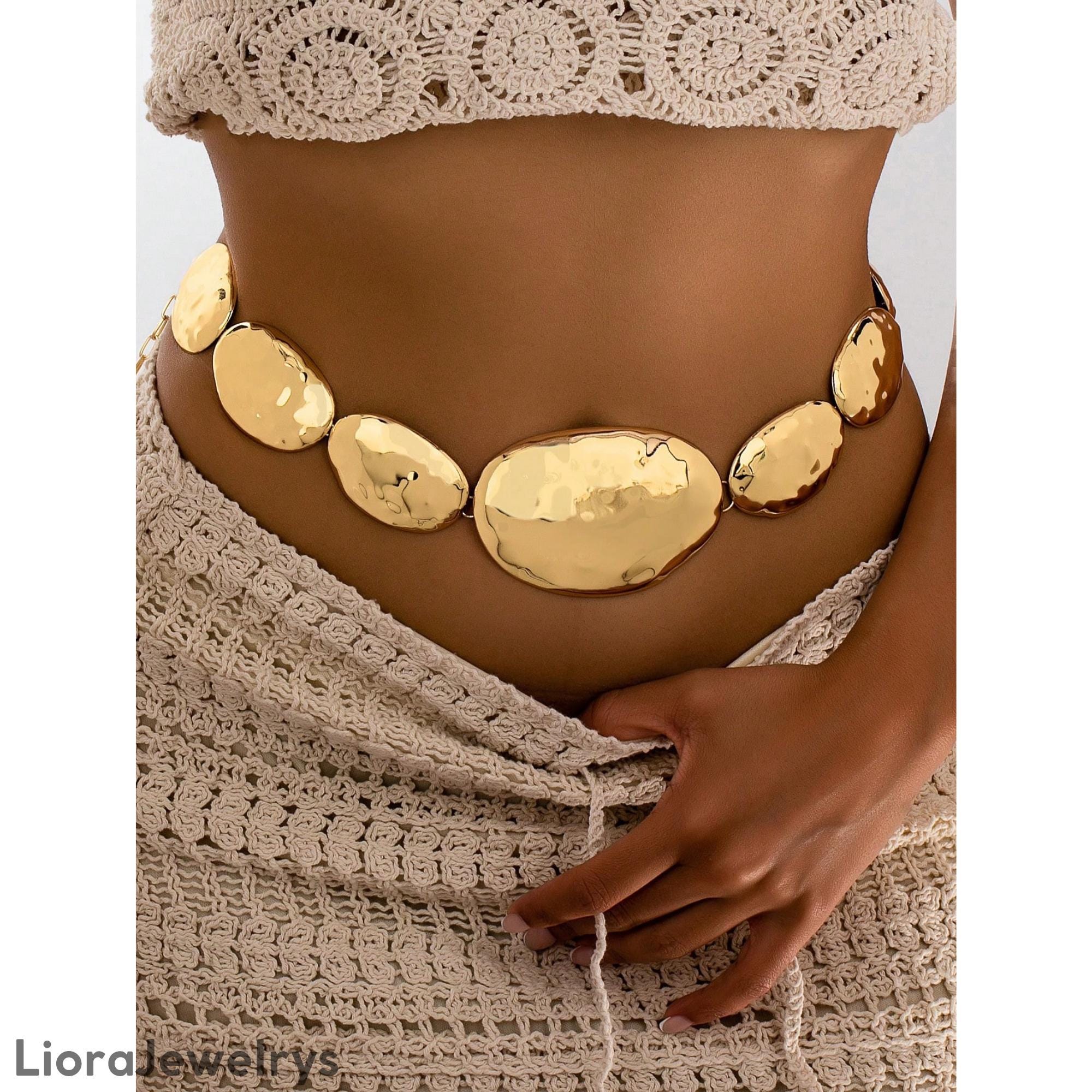 Vintage Gold Floral Disc Statement Belt Stretchy Hidden Clasp Bold Shiny Sz.M-XL 80s Gold Metal Stretch Belt | Skinny Slinky Belt | Skinny  main image 3