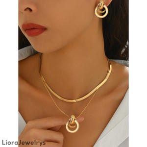 Set Collana e Orecchini Dorati a Strati, Set Gioielli Pendente Doppio Cerchio, Regalo Statement per Lei