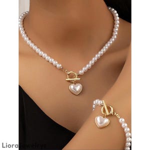 Ensemble Collier et Bracelet Perle Cœur Fermoir Toggle Or