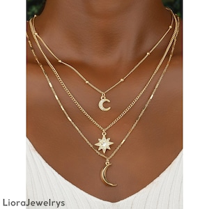Collar Dorado Luna Estrella En Capas Cadena Celestial Joyería Statement