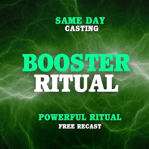 Puede incluir: Gráfico digital con un fondo de efecto de relámpagos verdes y blancos. El texto dice "SAME DAY CASTING", "BOOSTER RITUAL", "POWERFUL RITUAL" y "FREE RECAST" en una mezcla de fuentes verdes y blancas.