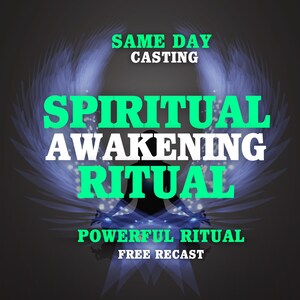 May include: A digital graphic with the words "SAME DAY CASTING", "SPIRITUAL AWAKENING RITUAL", "POWERFUL RITUAL", and "FREE RECAST". The image features a silhouetted figure in a meditative pose, with a glowing aura and angel wings.
