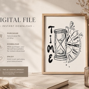 Surreal Hourglass Time Line Art, Broken Clock Wall Art, Philosophy Print, Gothic Aesthetic Poster, Minimalist Sand Timer Decor, Digital Down